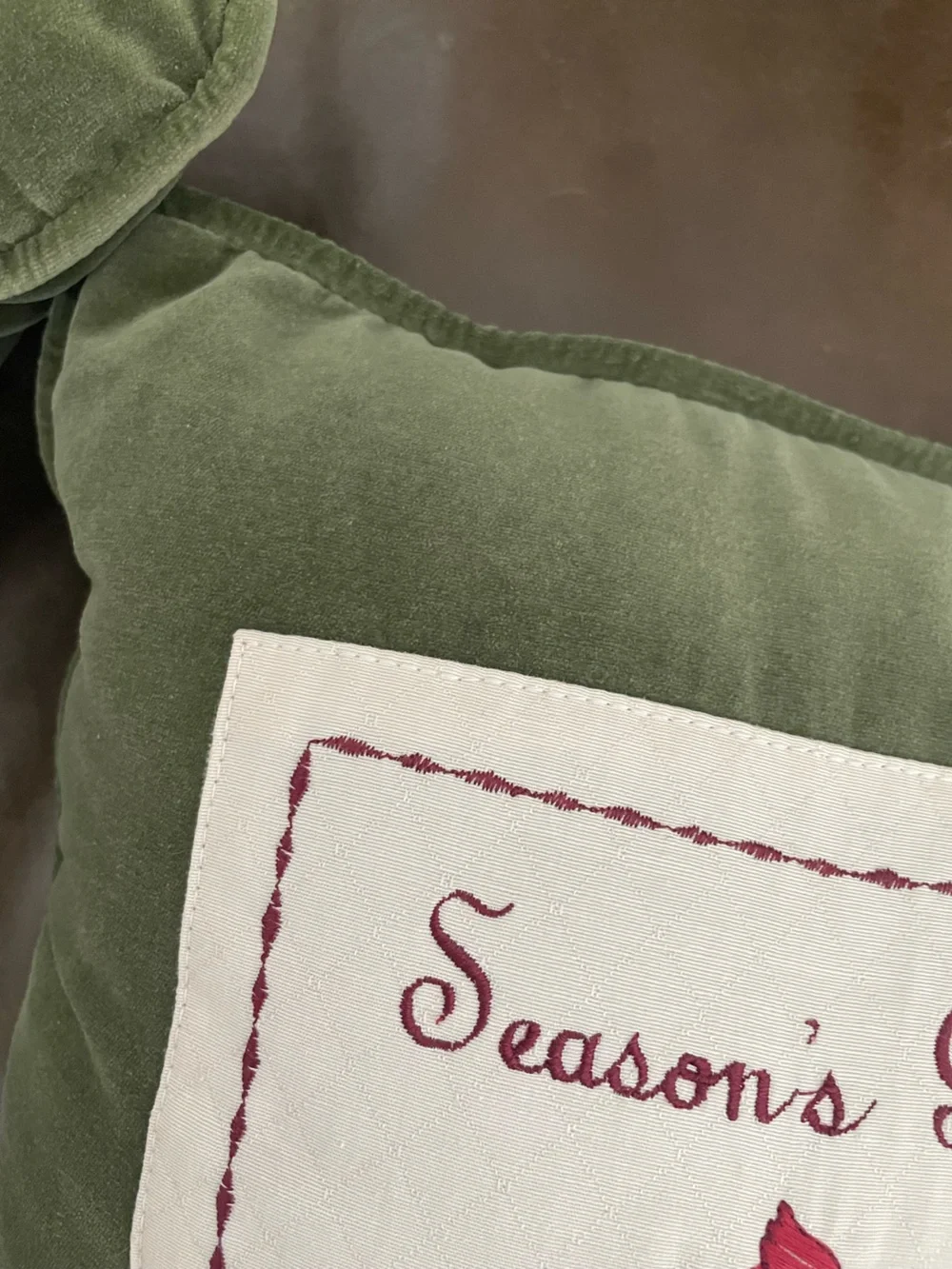 Green Velvet Green “Season’s Greeting”  Cardinal Holiday Throw Pillow 12”X12”